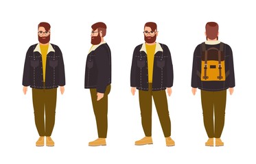 Wall Mural - Stout bearded hipster man dressed in stylish clothing. Fat male cartoon character with trendy hairstyle and beard isolated on white background. Front, side, back views. Colorful vector illustration.
