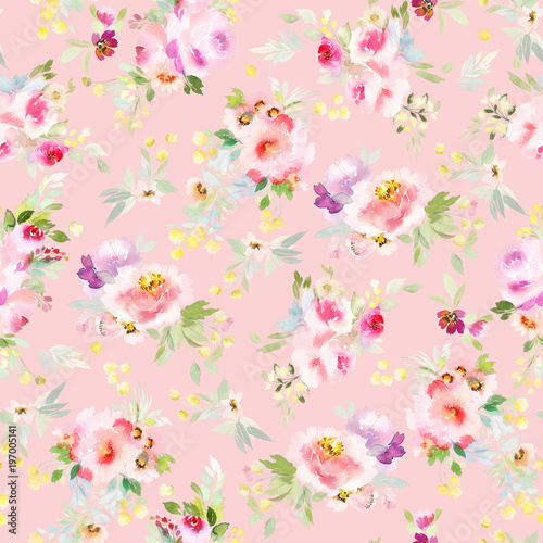 Seamless summer pattern with watercolor flowers handmade.
