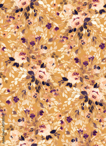 Seamless summer pattern with watercolor flowers handmade.