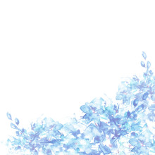 Watercolor Background, Greeting Card, Card With A Picture Of Wild Blue Flowers, Grass, Abstract Spots. A Beautiful, Fashionable Illustration For Your Design. Frosty Blue Pattern On The Window.