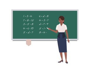 Poster - Female math teacher writing mathematical expressions on green chalkboard. Happy african american woman teaching mathematics. Cartoon character isolated on white background. Vector illustration.