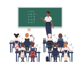 Poster - Female math teacher explaining summation to elementary school kids or pupils. Smiling african american woman teaching mathematics or arithmetic to children sitting in class. Vector illustration.