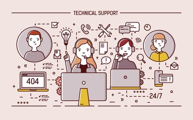 Poster - Friendly online specialists wearing headphones with microphones sit at computer monitors and answer clients calls. 24 hour technical support service. Colorful vector illustration in line art style.