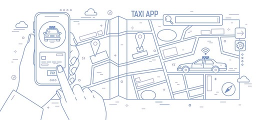 Aufkleber - Horizontal banner with hands holding smartphone, city map and taxi car drawn with contour lines on white background. Mobile application for online cabs booking. Monochrome vector illustration.