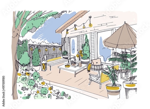 Freehand Drawing Of Backyard Patio Or Terrace Furnished In