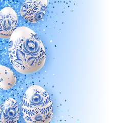 Wall Mural - Easter background with blue floral decorated eggs.