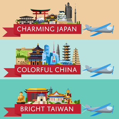 Wall Mural - Worldwide travel horizontal flyers. Plane with banner and famous architectural attractions. Charming Japan. Colorful China. Bright Taiwan. Time to travel idea. Worldwide air traveling.