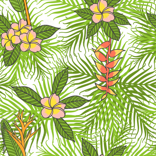 Tropical Palm Leaf Pattern Vector Seamless Exotic Flowers On White Background Fashion Print Design For Hawaiian Party Invitation Paradise Island Vacation Flyer Or Swimwear Fabric Stock Vector Adobe Stock
