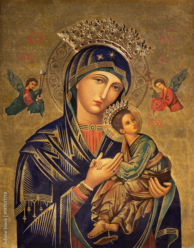 ZARAGOZA, SPAIN - MARCH 1, 2018:  The painting icon of Madonna in church Iglesia del Perpetuo Socorro by pater Jesus Faus (1953 - 1959). - obrazy, fototapety, plakaty 