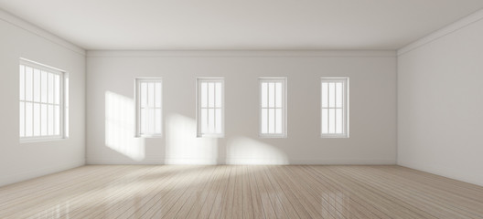 Poster - 3D rendering of white room interior and wood plank floor with sun light cast on the wall,Perspective of minimal design architecture