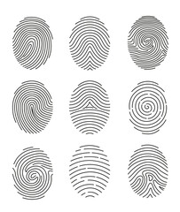 Vector illustration set of nine black line fingerprint types on white background.
