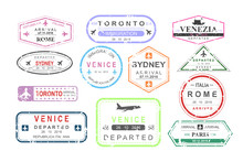 Vector Illustration Set Of Isolated Visa Passport Stamps Of Arriving And Departure, Tourism Sign, Arrival Document, Airport Theme, Travel Concept.