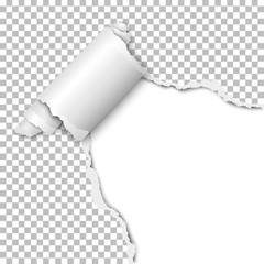 Wall Mural - Vector torn hole of lower right corner of transparent sheet with paper curl and white background of the resulting window. Template paper design.