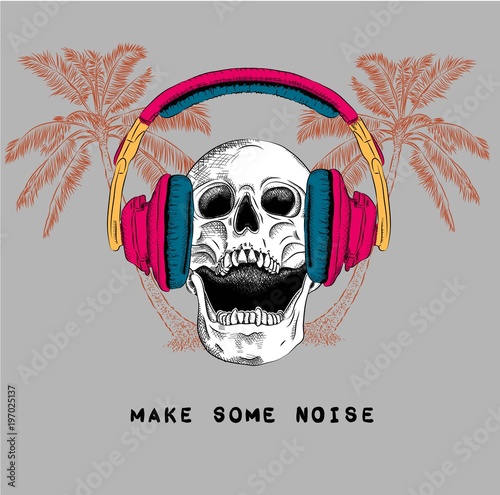 Fotografie, Tablou Skull in headphones against the background of palm trees
