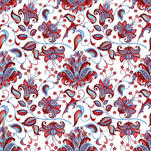seamless pattern with blue and red flowers Poster Mural XXL