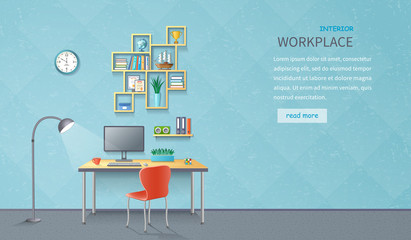 Modern office workplace. Room interior with desk, lamp, chair, monitor, shelves, office supplies, wall clock. Detailed vector illustration, horizontal web banner.