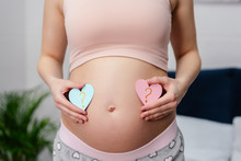 Cropped Shot Of Pregnant Woman Holding Blue And Pink Hearts With Question Marks