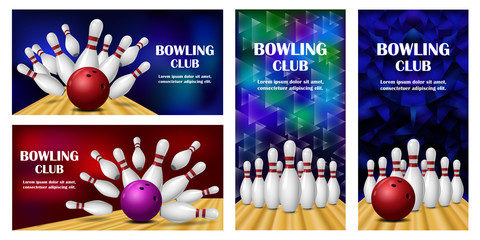 Wall Mural - Bowling kegling banner concept set. Realistic illustration of 4 Bowling kegling vector banner horizontal concepts for web