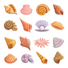 Sticker - sea shell beach icons set. cartoon illustration of 16 sea shell beach tropical underwater vector ico