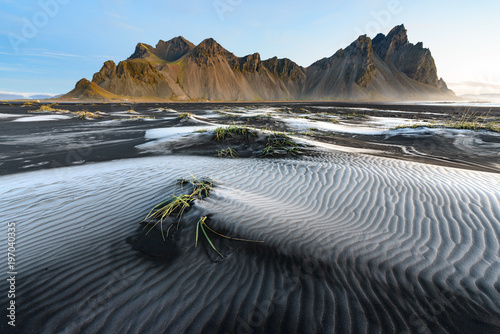 Black Sand With Decorative Hoarfrost At Stokksnes Iceland With