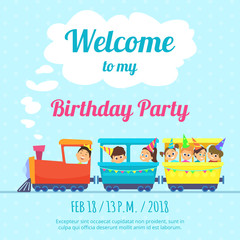 Sticker - Design template of poster for kids party invitation. Illustration of train toys