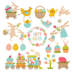 Wall Mural - Vintage elements set of easter theme. Rabbits, eggs, ribbons and others symbols