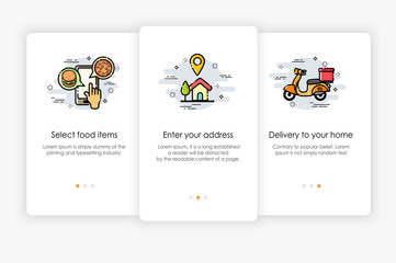 Wall Mural - Onboarding screens design in food delivery concept. Modern and simplified vector illustration, Template for mobile apps.