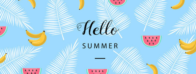 Wall Mural - Hello Summer banner. Flat style summer background. Trendy summer wallpaper with fruit. Vector