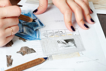 Outline drawings for the design of the kitchen design, everything is drawn in pencil. Beautiful, brick walls.