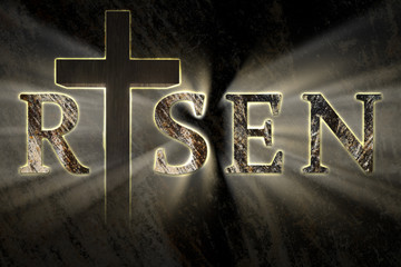 Easter background with Jesus Christ cross and risen text written, engraved, carved on stone, with light coming from behind. Christian, religious Easter card. resurrection, belief, new life concept 