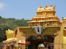 Entrance Of The Traditional Stage Decoration With Anthurium Red, White Carnation, Gladiolus And Marigold, Lord Venkateswara Nama