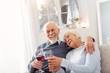 © zinkevych - Relaxing together. Cheerful elderly couple sitting on the couch and cuddling while celebrating their wedding anniversary and drinking wine