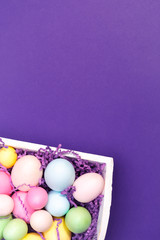 Wall Mural - Multicolor eggs in a white tray. Creative Easter concept. Modern solid ultra violet  background.