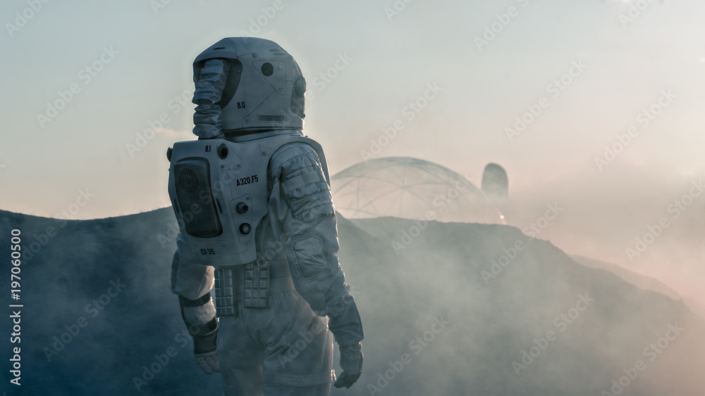 Shot of the Astronaut on Red Planet Watching Toward His Base/Research Station. Near Future First Manned Mission To Mars, Technological Advance Brings Space Exploration, Colonization. - obrazy, fototapety, plakaty 