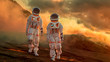 Two Astronauts Wearing Space Suits Walk Exploring Mars/ Red Planet. Space Travel, Exploration and Colonization Concept.