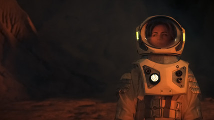 Wall Mural - shot of female astronaut in the space suit looking around alien planet. red and orange planet simila