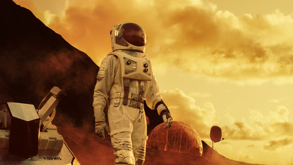 Wall Mural - astronaut on mars walking on the exploring expedition. in the background his base/ research station.