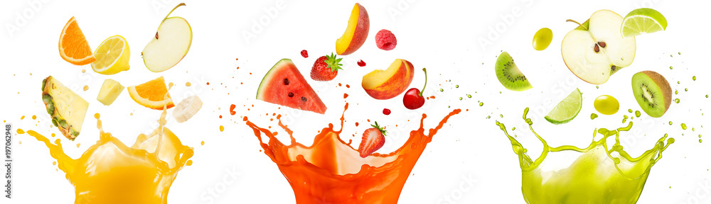 mixed fruit falling into juices splashing on white background - obrazy, fototapety, plakaty 