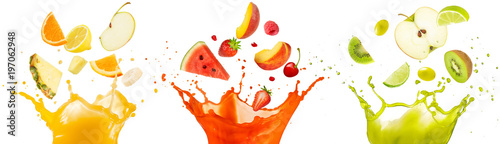 Fotomural mixed fruit falling into juices splashing on white background