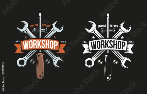 Cuadros en Lienzo Workshop retro logo with wrench, screwdriver and heraldic ribbon