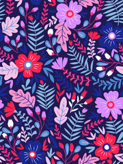 Wall Mural - Vector floral seamless pattern in doodle style with flowers and leaves. Dark, summer floral background.