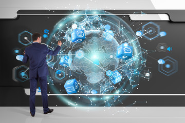 Poster - Businessman using digital planet earth interface on a board 3D rendering