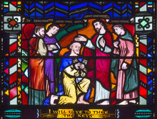 LONDON, GREAT BRITAIN - SEPTEMBER 16, 2017: The Christ Handing The Keys To St Peter On The Stained Glass In Church St Etheldreda By Charles Blakeman (1953 - 1953).