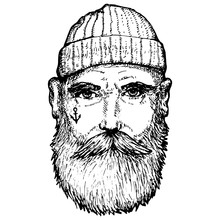 Hand Drawn Vintage Hipster Sailor With Thick Beard