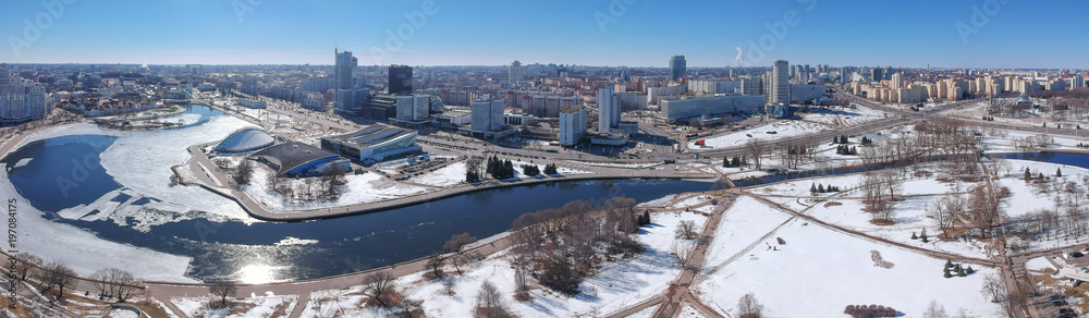 Obraz na płótnie Winter Minsk, Belarus. Panorama from drone w salonie