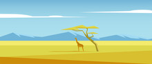 African Vector Landscape With Giraffe Standing Under The Acacia Tree In The Middle Of Savannah And Mountains In The Distance. Acacia And Giraffe In The Savannah Field Illustration. Nature Of Africa