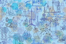 Vector Seamless Pattern With Sketch Elements Related To Science Or Education. Physics Or Chemistry Abstract Background With Parts Of Decorative Lab Tools And Diagrams. Hand Drawn.