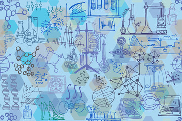 Vector seamless pattern with sketch elements related to science or education. Physics or chemistry abstract background with parts of decorative lab tools and diagrams. Hand drawn.