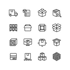 Wall Mural - Product packing line icons. Box warehousing outline vector symbols