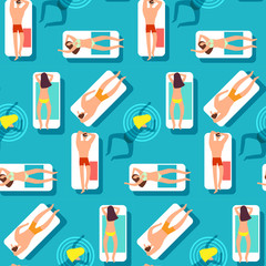 Sticker - People on the beach swimming sea. Summer time seamless vector pattern